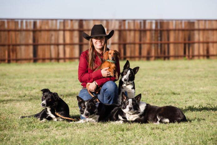 Surrounded by her Border Collies, Taylor Templet holds Bo the Dachshund.