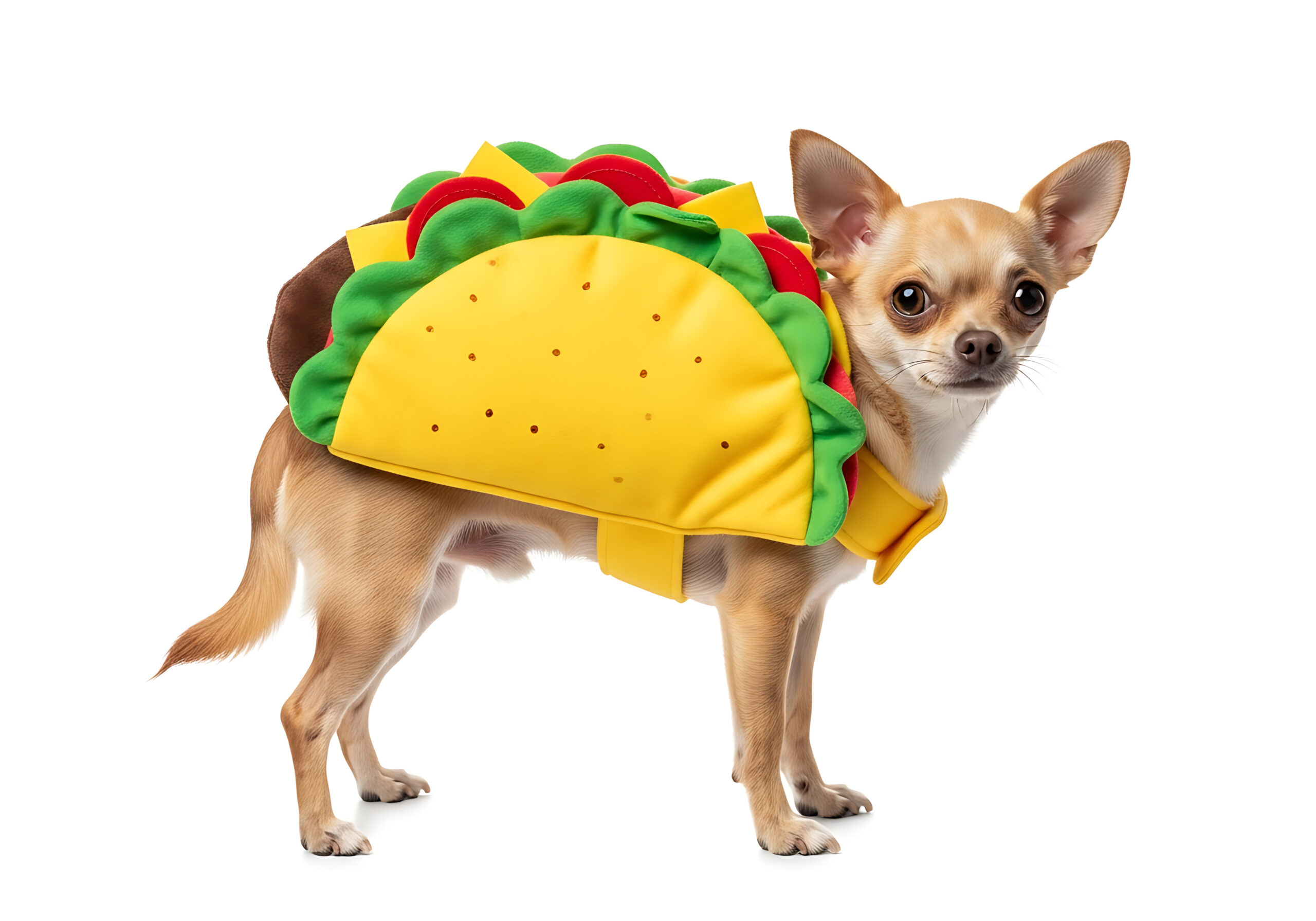 Chihuahua wearing a taco shell costume