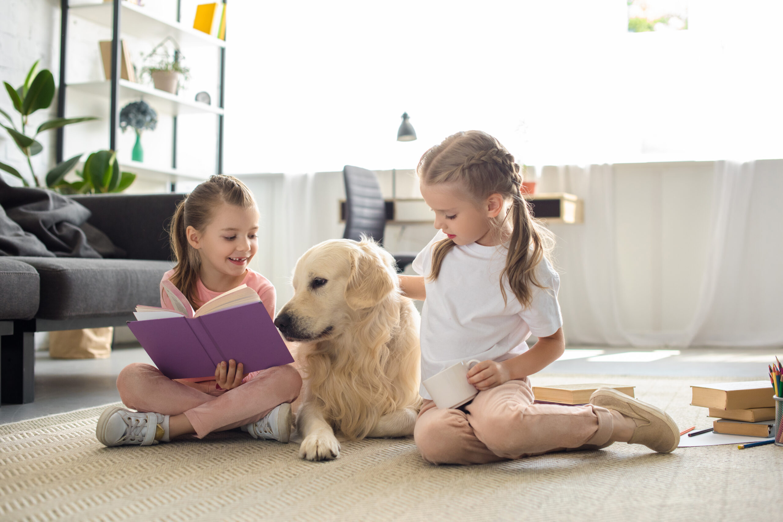 From Summer Snuggles to School Schedules Two children reading books on the floor with a golden retriever