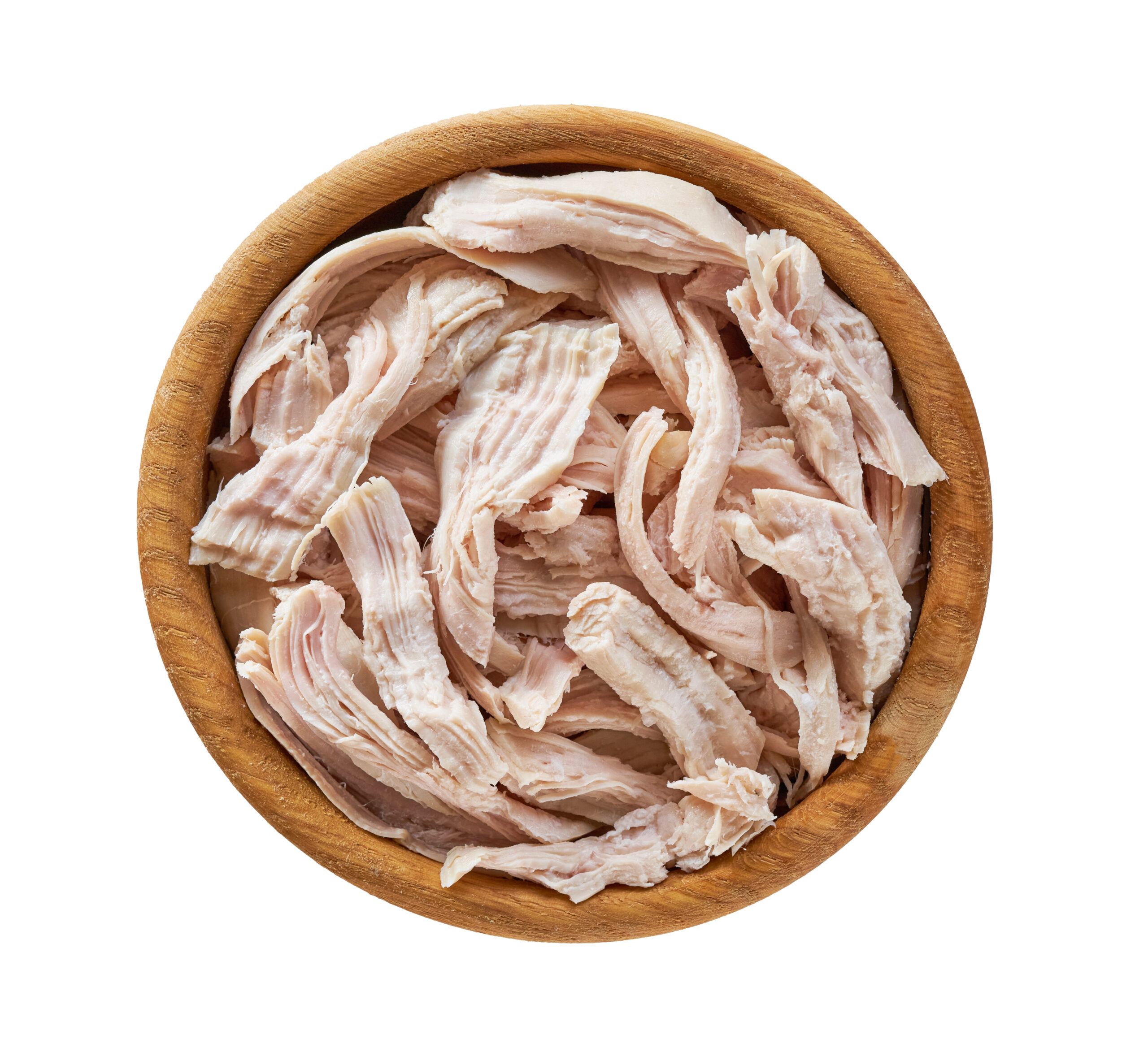 Bowl of cooked shredded chicken