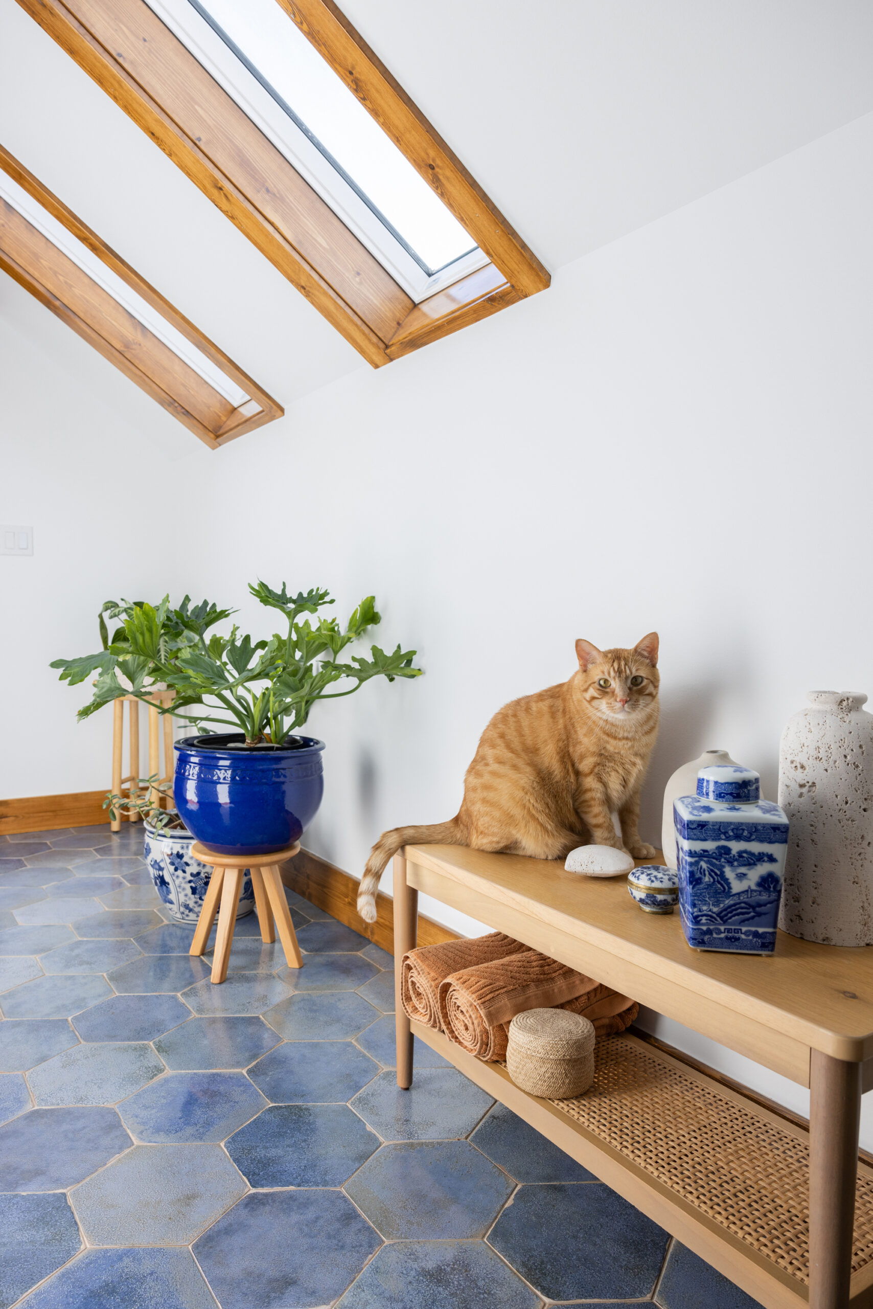 Pet Friendly By Design This nearly 100-year-old attic bathroom was transformed from a cramped, awkward space into a peaceful home retreat. The spa-inspired renovation features thoughtful details designed for everyday living, proving that beautiful spaces can be both functional and welcoming for every member of the family (including the four-legged ones).