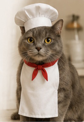 Cat wearing a white chef hat and apron