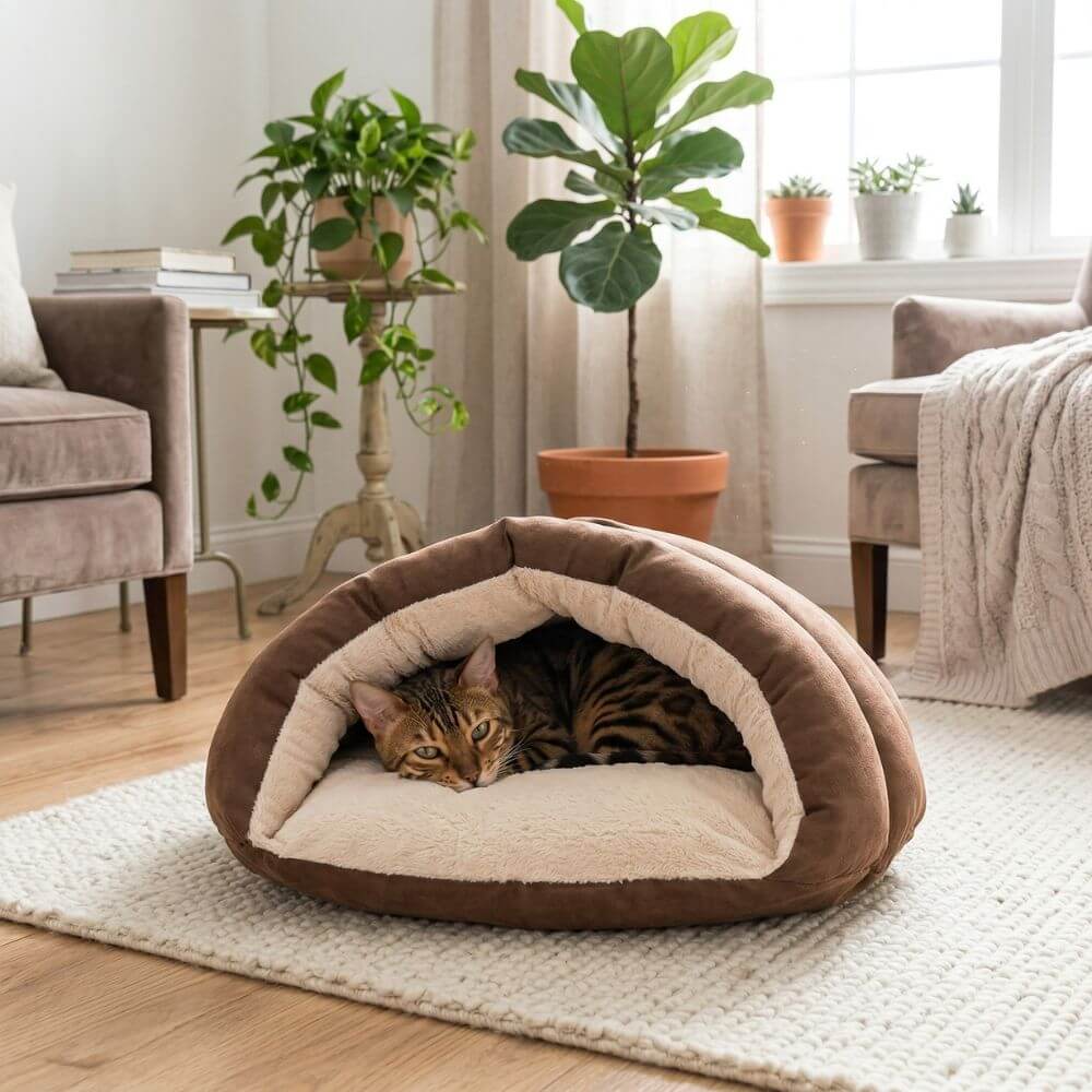 Sleep Zone Cuddle Cave Pet Bed with a cat resting inside