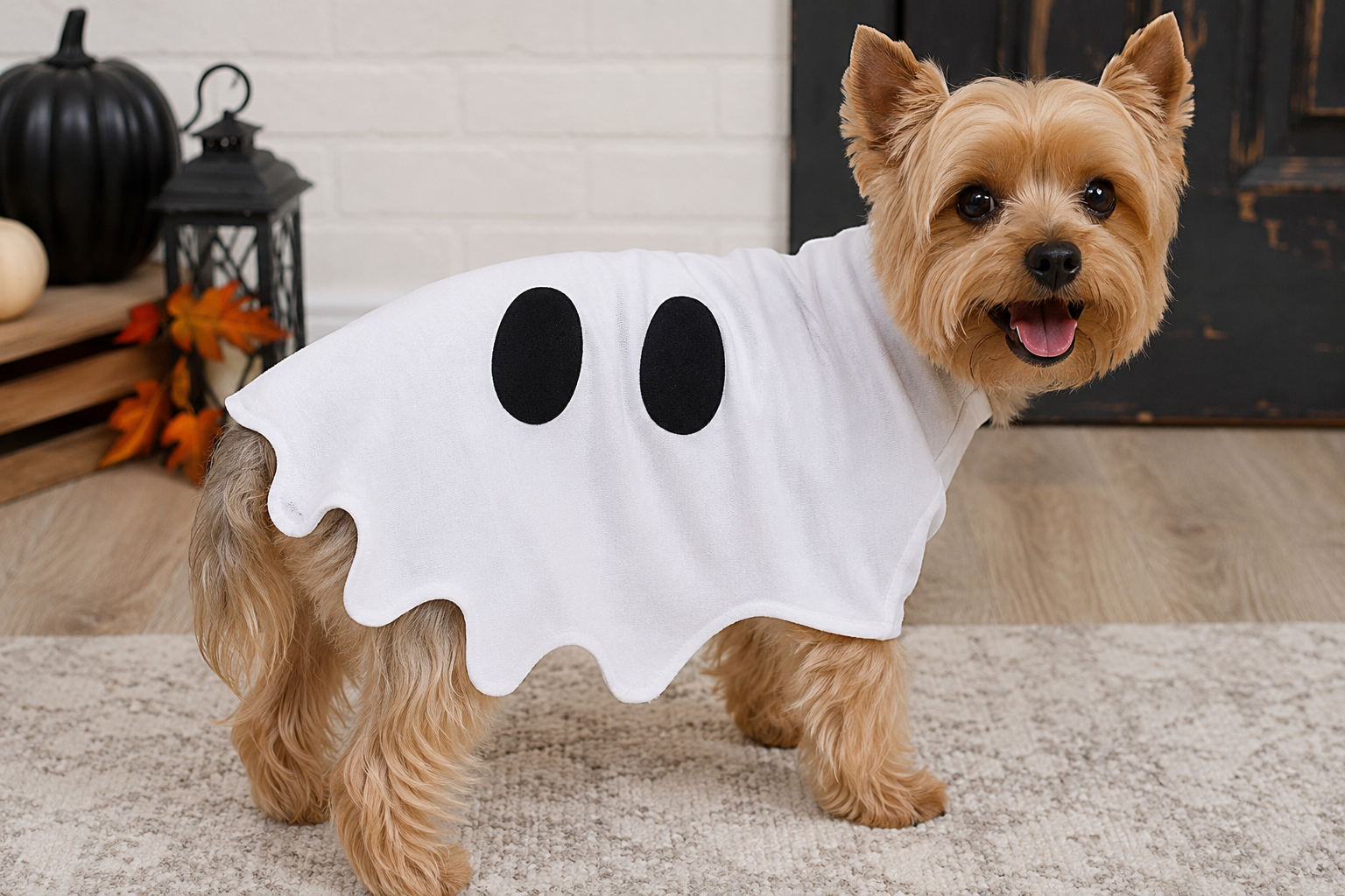 Small dog wearing a white ghost costume