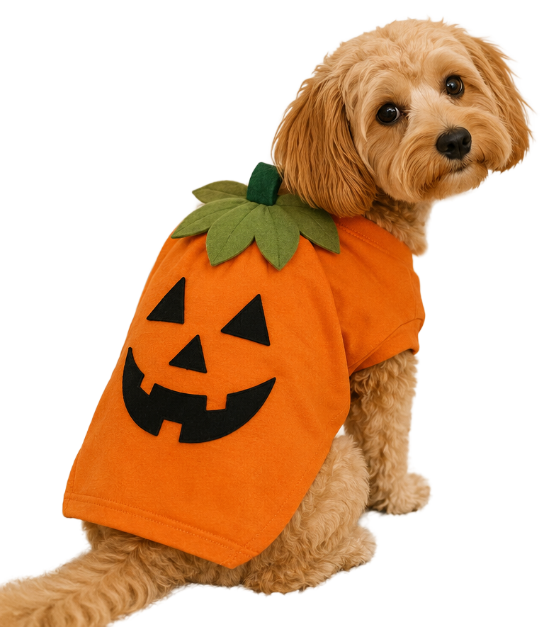 Boo Crew Dog wearing an orange jack-o-lantern pumpkin costume